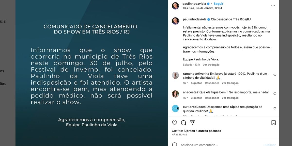 Comunicado Paulinho da Viola (Foto: Reprodução / Instagram) 