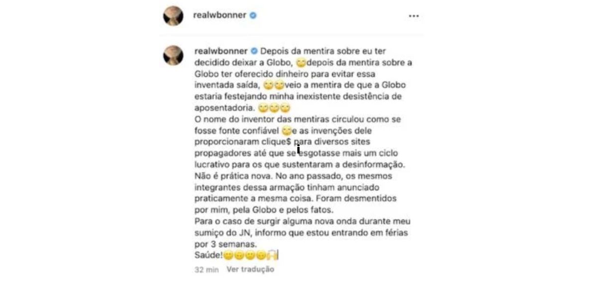 Comunicado William Bonner sobre possível aposentadoria (Foto: Reprodução/ Instagram) 