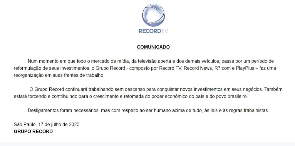 Comunicado oficial do Grupo Record sobre demissão em massa - Foto Reprodução Internet