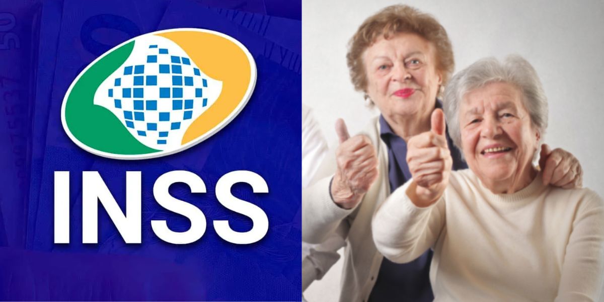 Logo do INSS e idosas aposentadas comemorando - Foto Reprodução Internet