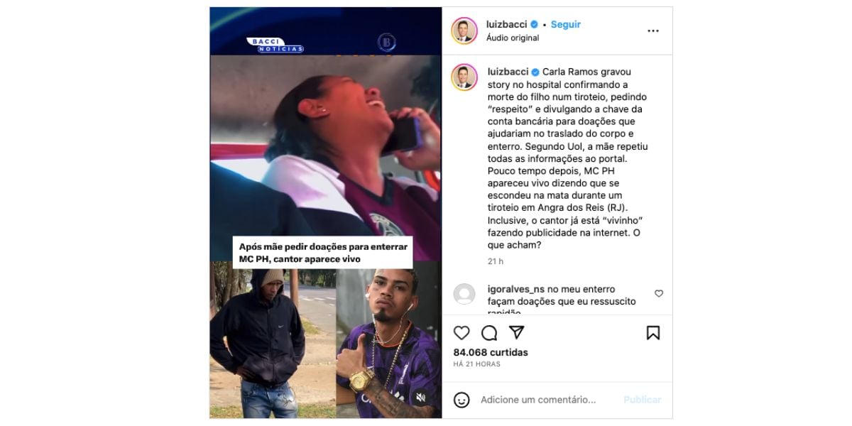 Luiz Bacci expõe vídeo de Carla Ramos (Foto: Reprodução / Instagram) 