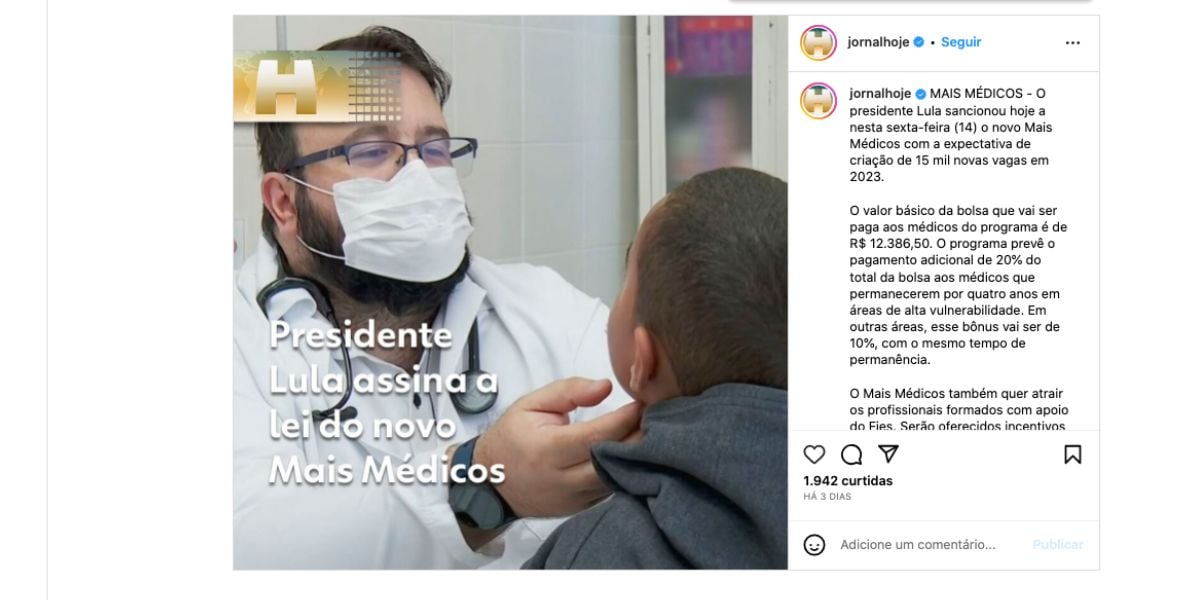 Nova lei do programa Mais Médicos (Foto: Reprodução / Instagram)