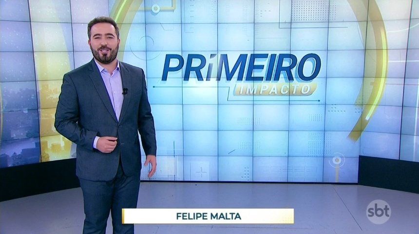 Mudanças no programa de notícias do SBT, o Primeiro Impacto, com novo pacote gráfico e cenário, e Felipe Malta - Foto Reprodução SBT