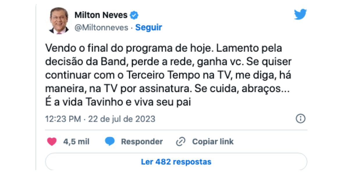 Recado de Milton Neves (Foto: Reprodução / Twitter) 