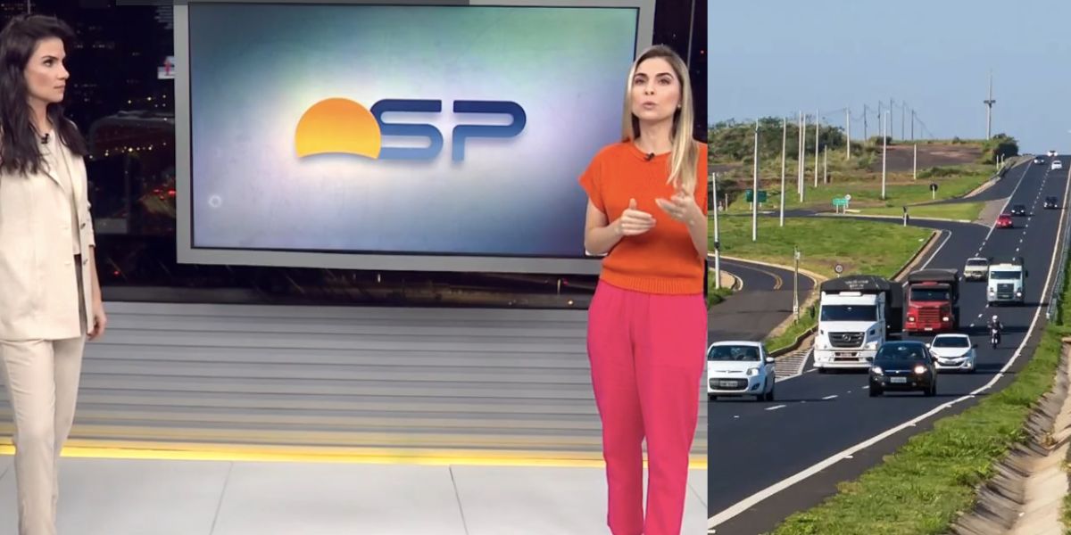 Sabina Simonato e Luiza Vaz no Bom Dia São Paulo e carros em estrada (Fotos: Reproduções / Globo / Triunfo Transbrasiliana)