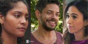 Aline, Jonatas e Anely em cenas de Terra e Paixão (Foto: Reprodução / Globo / Montagem TV Foco)