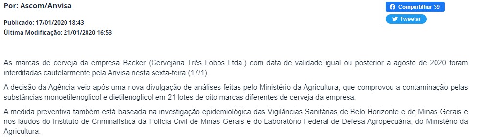 Anvisa barrou cerveja da Backer após contaminação (Foto: Site Anvisa)