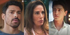 Caio, Irene e Daniel em cenas de Terra e Paixão (Foto: Reprodução / Globo / Montagem TV Foco)