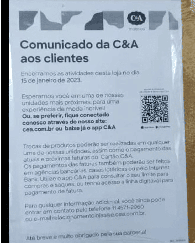 Comunicado da C&A anunciando fechamento de loja - Foto: Reprodução/Internet