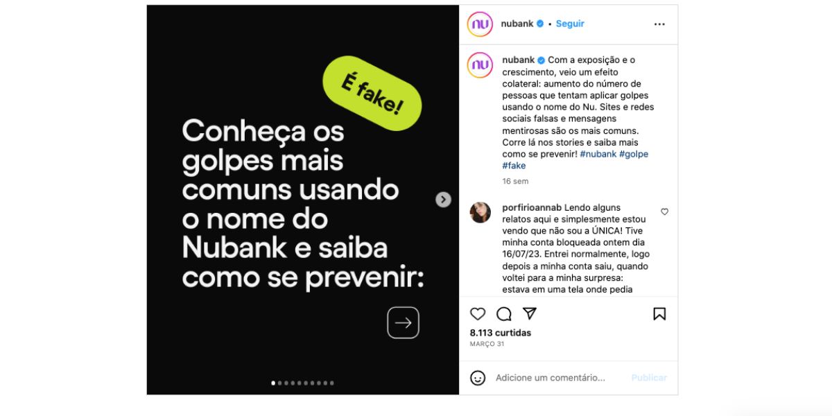 Alerta sobre golpes envolvendo nome da Nubank (Foto: Reprodução / Instagram) 