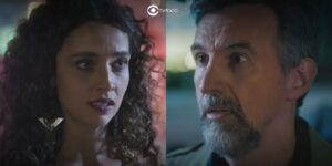 Ademir (Charles Fricks) e Flor (Letícia Laranja) em cenas de Terra e Paixão (Foto: Reprodução / Globo / Montagem TV Foco)