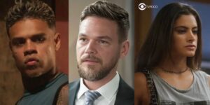 Hugo, Theo e Érika em cenas de Vai na Fé (Foto: Reprodução / Globo / Montagem TV Foco)