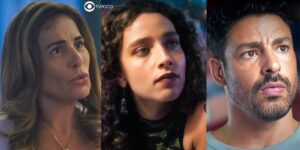 Irene, Flor e Caio em cenas de Terra e Paixão (Foto: Reprodução / Globo / Montagem TV Foco)