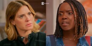 Lumiar (Carolina Dieckmann) e Kate (Clara Moneke) em cenas de Vai na Fé (Foto: Reprodução / Globo / Montagem TV Foco)