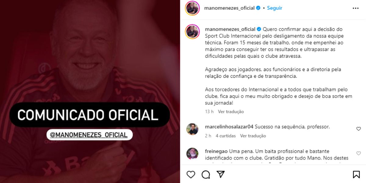 Mano Menezes se despediu dos torcedores do Internacional (Reprodução: Instagram)