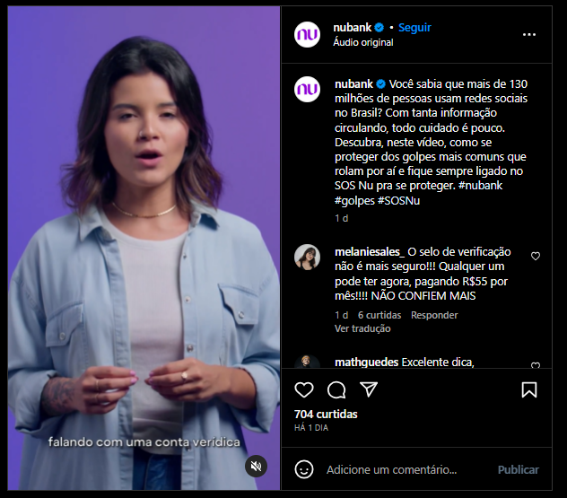 Nubank faz alerta sobre golpes (Foto: Reprodução, Instagram)