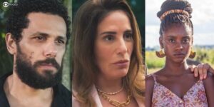 Ramiro, Irene e Menah em cenas de Terra e Paixão (Foto: Reprodução / Globo / Montagem TV Foco)