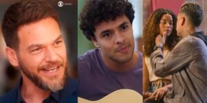 Theo, Eduardo, Jenifer e Hugo em cenas de Vai na Fé (Foto: Reprodução / Globo / Montagem TV Foco)