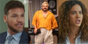 Theo, Vitinho e Jenifer em cenas de Vai na Fé (Foto: Reprodução / Globo / Montagem TV Foco)