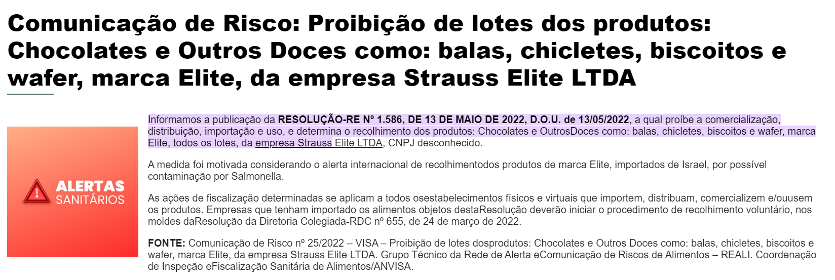 Comunicado da Anvisa sobre a proibição feita dos produtos da marca Elite (Foto Reprodução/Prefeitura de Florianópolis)