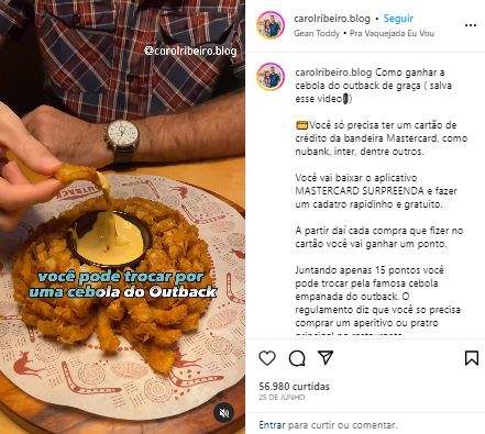 Blogueira ensina como trocar pontos por comida no Outback - Foto Instagram