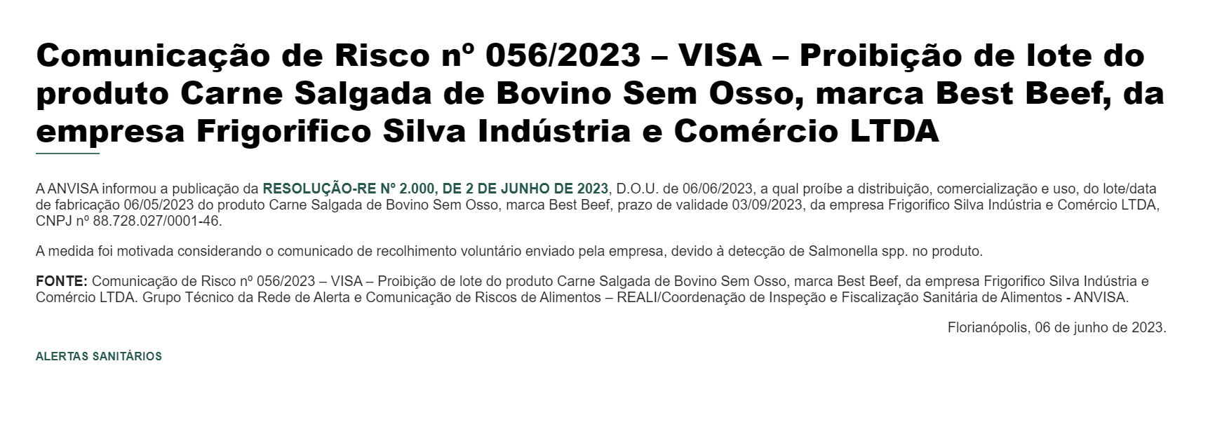 Aviso de Risco emitido pela Anvisa e publicado no DOU (Foto Reprodução/Prefeitura de Florianópolis)