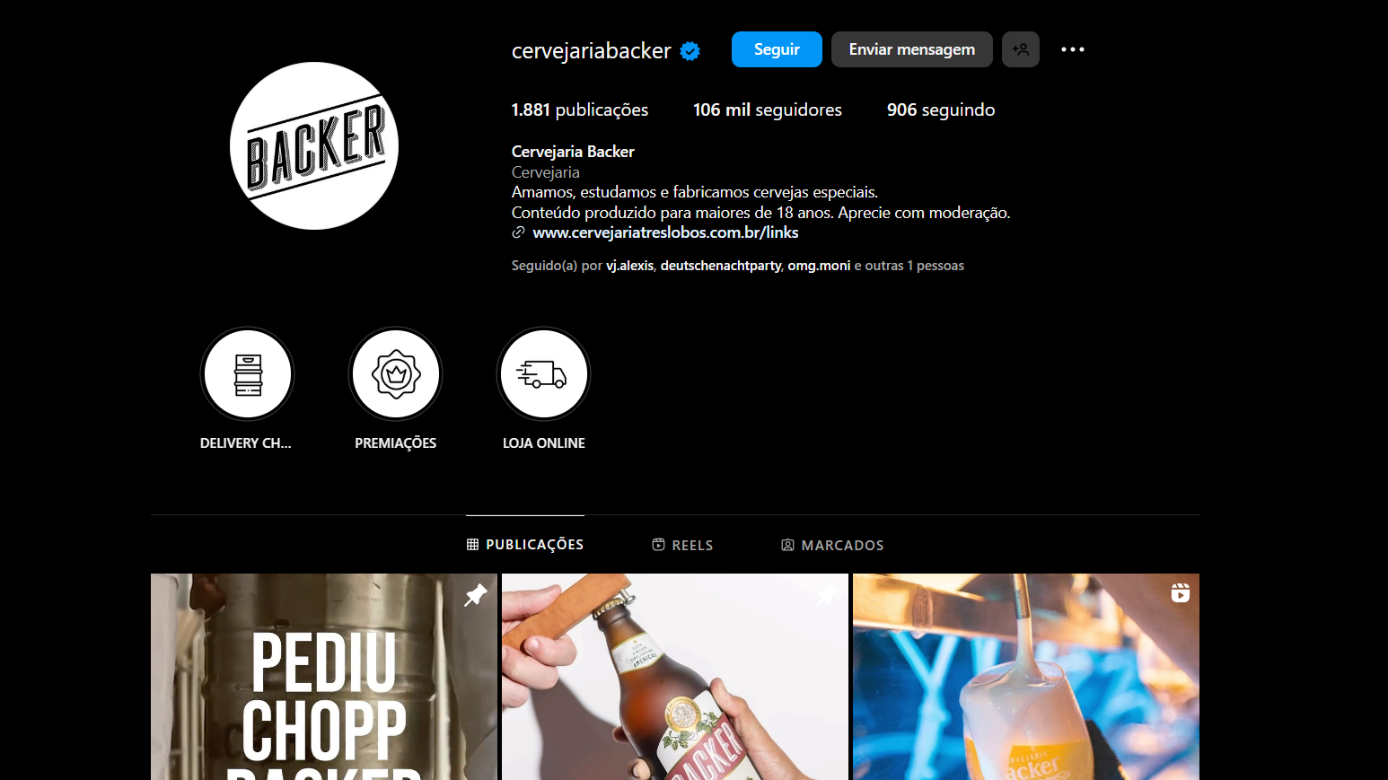 Perfil Oficial da Backer constata que a marca voltou a produzir cervejas e conta com106 mi seguidores (Foto Reprodução/Internet)