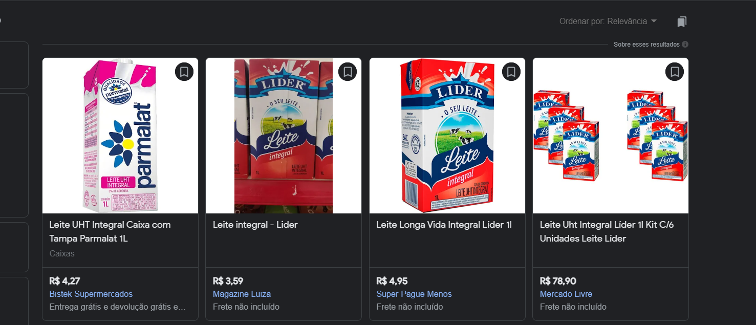 Parmalat e Líder estão sendo vendidas normalmente nos principais sites de e commerce e mercados (Foto Reprodução/Google Shopping)