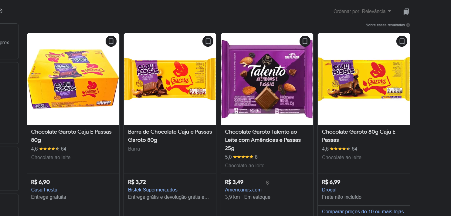 Chocolate Garoto continua sendo vendido nas principais lojas e supermercados (Foto Reprodução/Google Shopping)