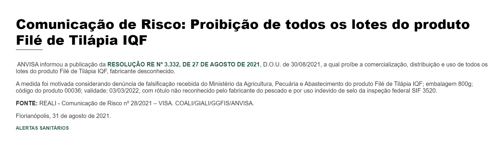 Comunicado oficial da Anvisa emitido no ano de 2021 sobre marca de peixe tipo Tilápia IQF (Foto Reprodução/Prefeitura de Florianópolis)