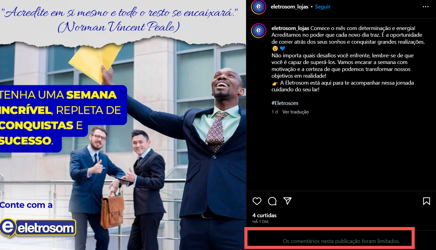 Publicação da Eletrosom no Instagram tem a aba de comentários desativados (Foto Reprodução/Instagram)