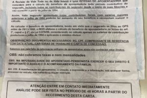 Carta com golpe da revisão da vida toda do INSSCarta com golpe da revisão da vida toda do INSS - Foto Folha de São Paulo