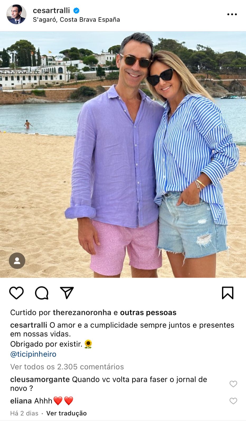 César Tralli publica foto ao lado de Ticiane Pinheiro e recebe mensagem de carinho de Eliana - Foto Instagram