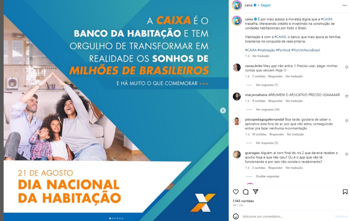 Clientes da Caixa reclamando do banco em publicação do Instagram - Foto Reprodução Instagram