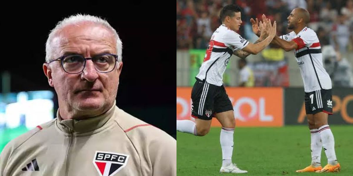 Dorival Júnior e os jogadores James Rodríguez e Lucas, do São Paulo (Foto - Montagem TV Foco).