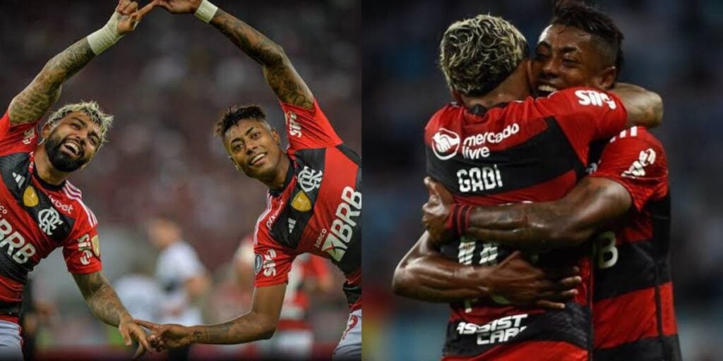 Gabigol e Bruno Henrique comemorando gol (Foto - Montagem TV Foco).