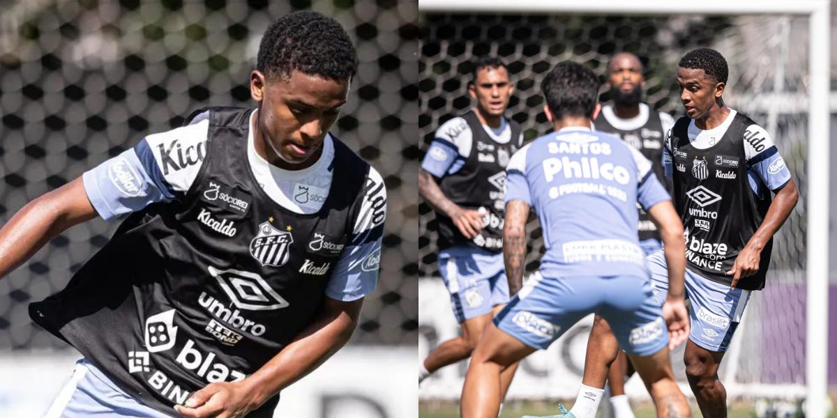 João Vitor, meio-campista da base do Santos que está treinando com o time titular (Foto - Montagem TV Foco).