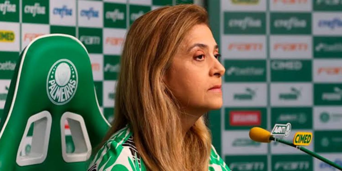 Leila Pereira em coletiva do Palmeiras (Foto - Reprodução Internet).