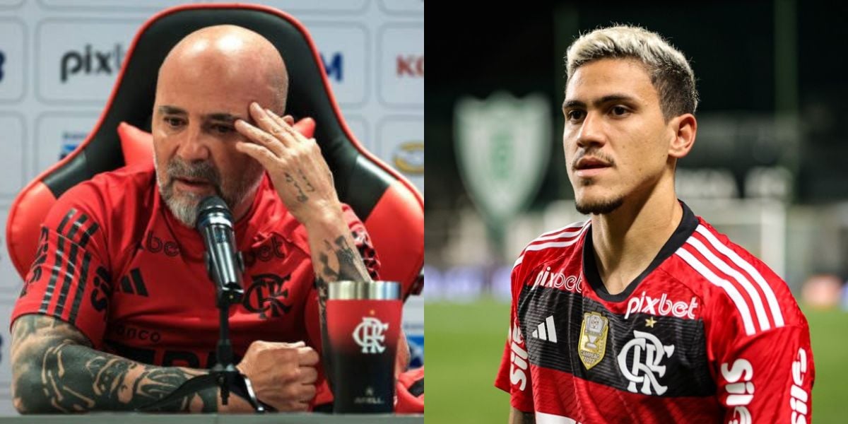 O treinador Jorge Sampaoli e Pedro (Foto - Montagem TV Foco)