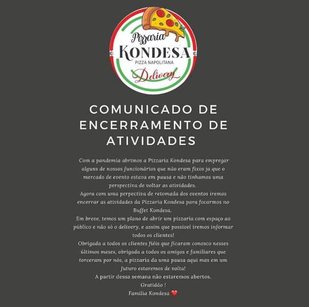 Comunicado da Pizzaria Kondesa (Foto: Reprodução/ Internet)