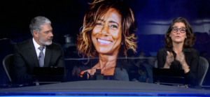 Renata Vasconcellos e Bonner em homenagem para Gloria Maria no Jornal Nacional - Foto Globo