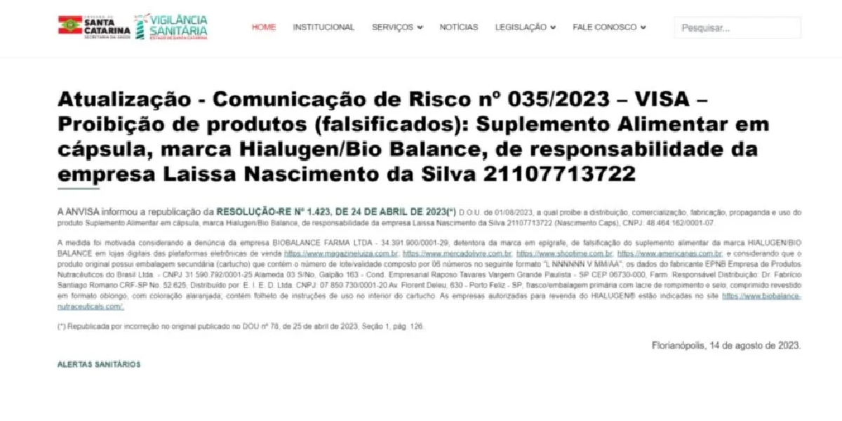 Comunicado da ANVISA (Foto: Reprodução/ Internet)