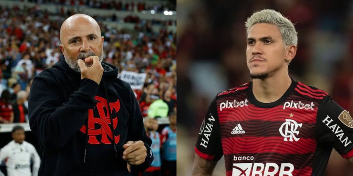 Sampaoli e o atacante Pedro, do Flamengo (Foto - Montagem TV Foco).