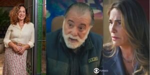 Agatha, Antônio e Irene em cenas de Terra e Paixão (Foto: Reprodução / Globo / Montagem TV Foco)