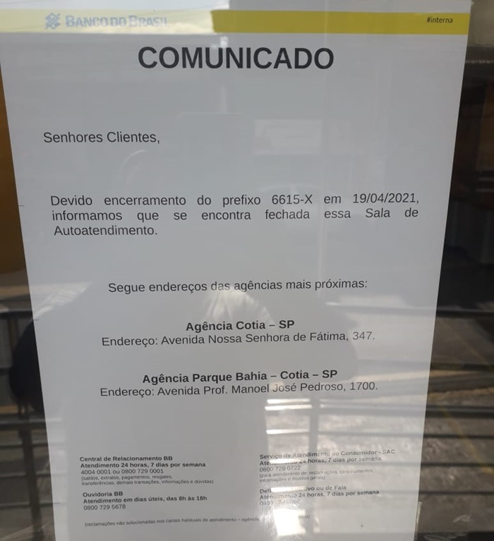 Comunicado de fechamento de agência do Banco do Brasil - Foto: Reprodução/Internet
