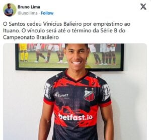 Vinícius Balieiro foi cedido e não jogará pelo Peixe (Foto: Reprodução / Twitter)