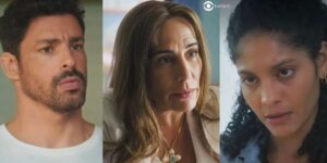 Caio, Irene e Aline em cenas de Terra e Paixão (Foto: Reprodução / Globo / Montagem TV Foco)