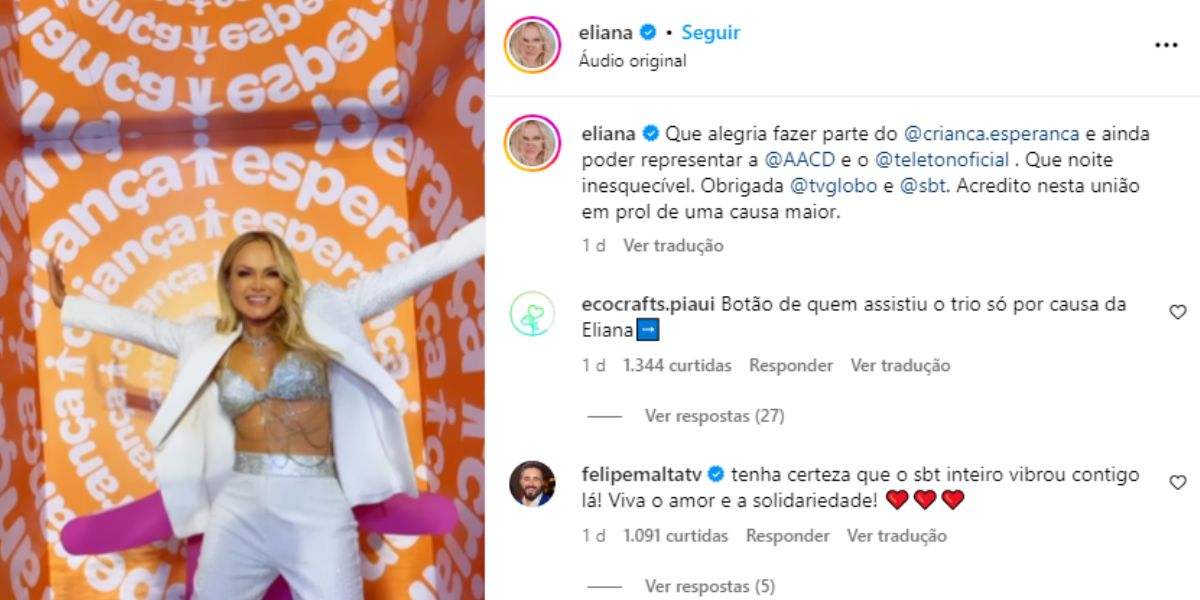 Eliana se mostrando feliz em ter participado do Criança Esperança (Reprodução: Instagram)