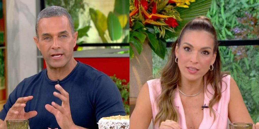 Fabrício Battaglini e Talitha Morete interrompem "Mais Você" da Globo (Foto: Reprodução/TV Globo)