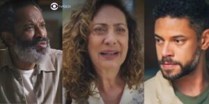 Gentil, Agatha e Jonatas em cenas de Terra e Paixão (Foto: Reprodução / Globo / Montagem TV Foco)